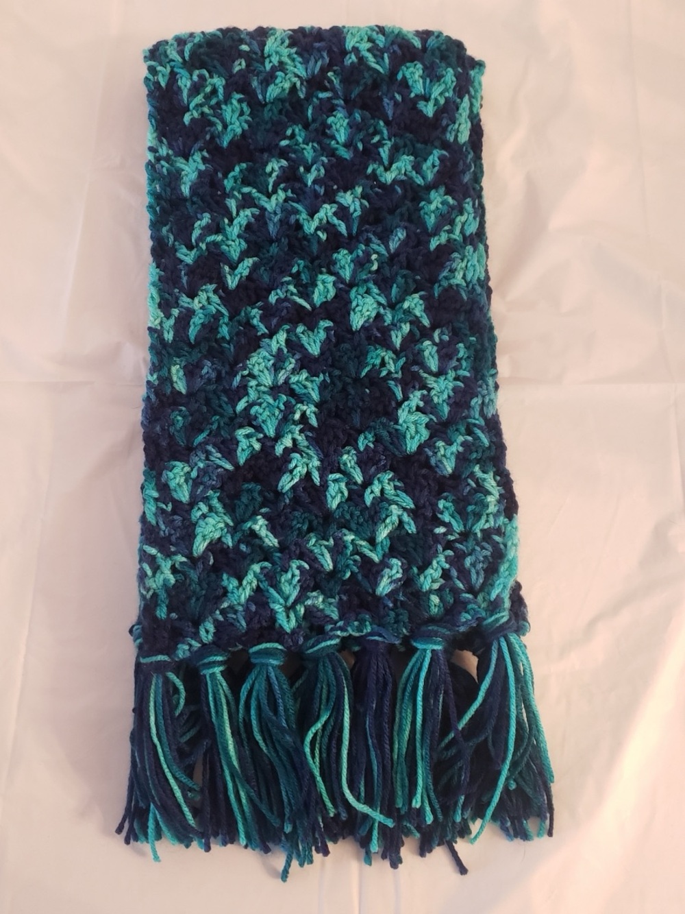 Handmade Chunky Crochet Scarf in Teal and Navy 69”x8”